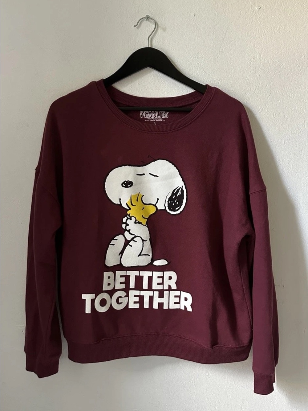 Peanuts Snoopy Woodstock Better Together Women's L Burgundy Graphic Sweatshirt